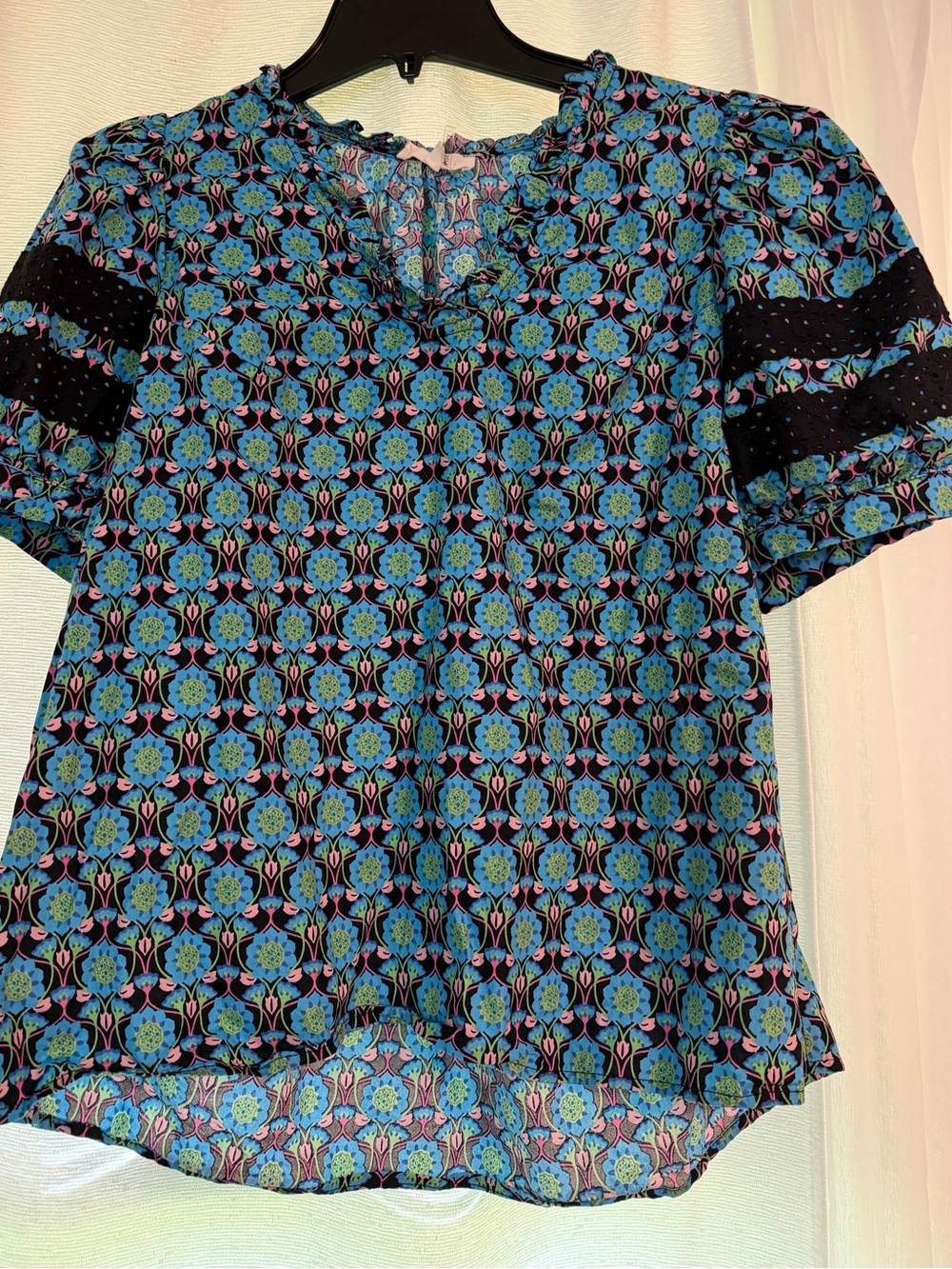 Womens Floral-Print Short Sleeve Blouse - Blue
